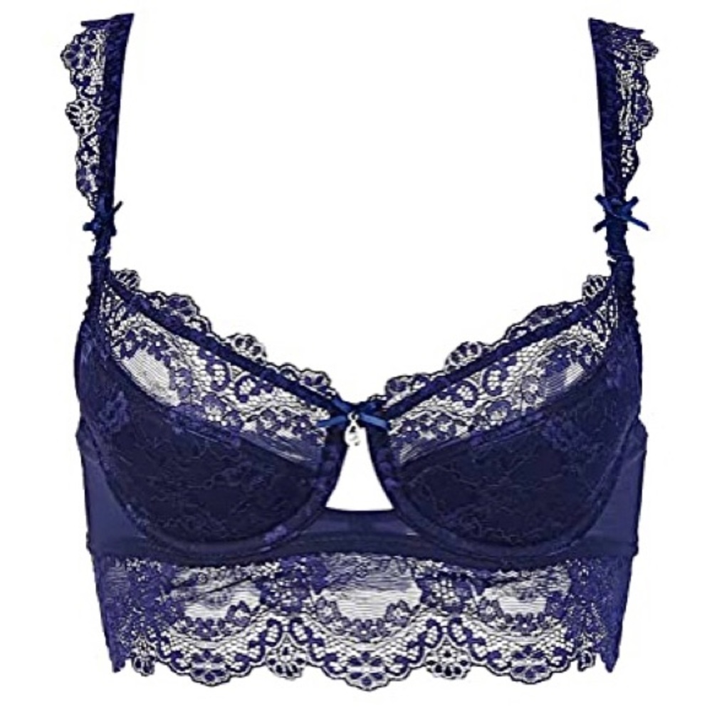 Navy Blue Floral Embroidered Push-Up Lace Bra